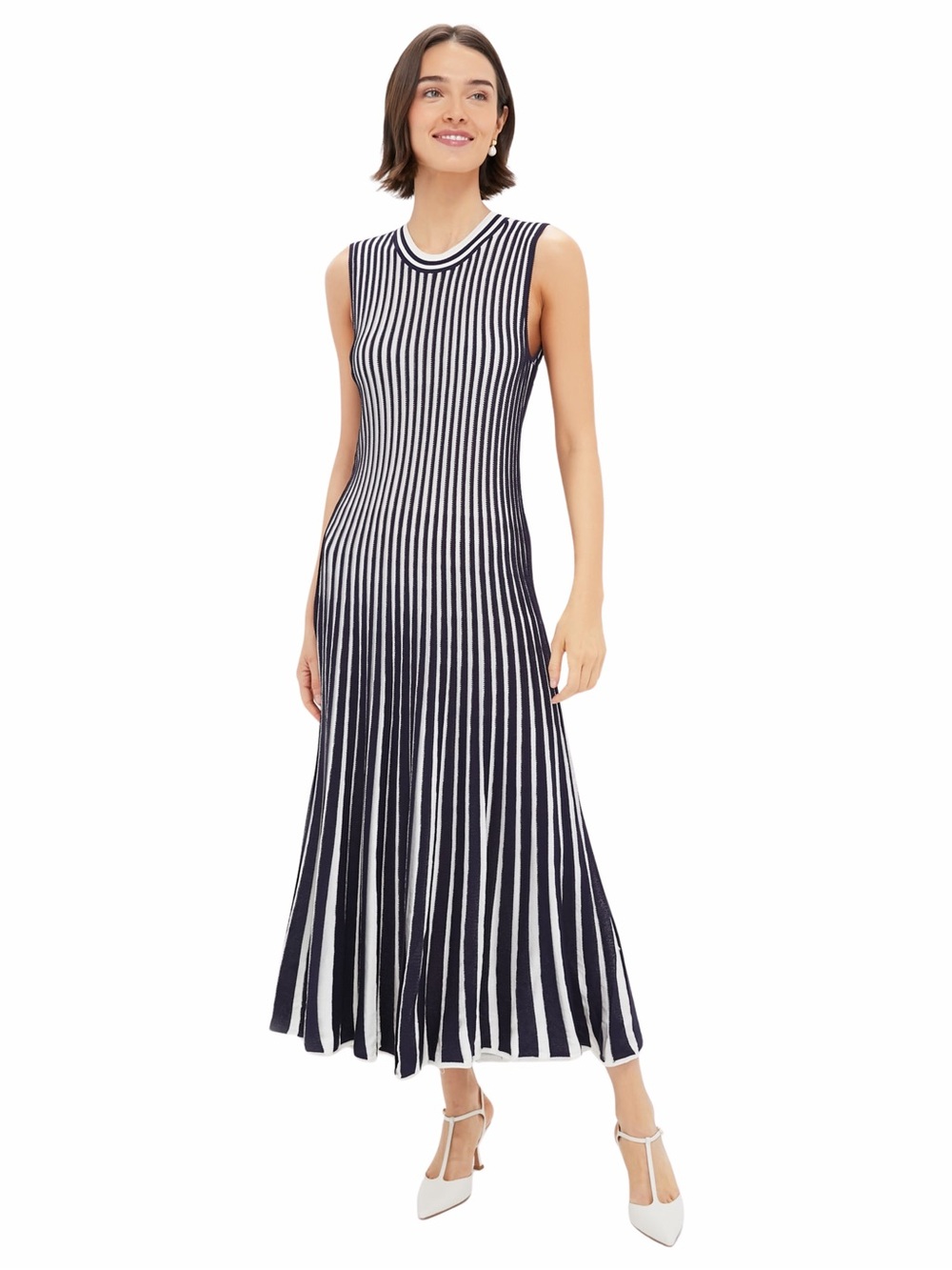 Tuckernuck Women’s Knit Amie Maxi Dress Pleated Sleeveless in Navy Stripe S